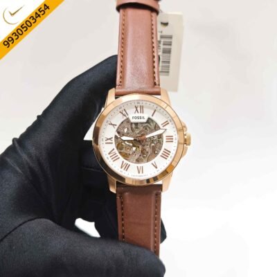 Fossil Grant Skeleton Roman Marker Steel Full Rose Gold White Dial Brown Leather Strap Swiss Automatic Watch