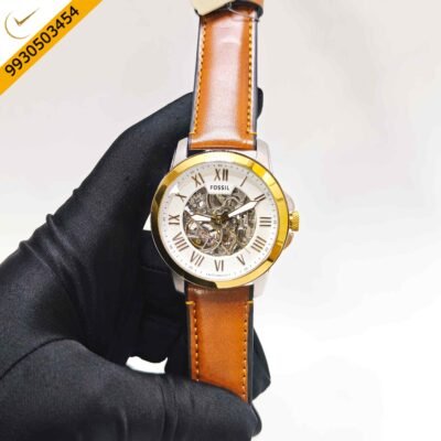 Fossil Grant Skeleton Roman Marker Steel Gold White Dial Brown Leather Strap Swiss Automatic Watch