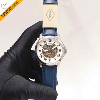 Fossil Grant Skeleton Roman Marker Steel White Dial Blue Leather Strap Swiss Automatic Watch