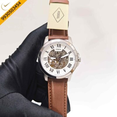 Fossil Grant Skeleton Roman Marker Steel White Dial Brown Leather Strap Swiss Automatic Watch