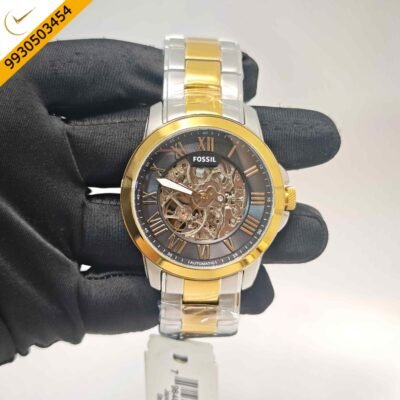 Fossil Skeleton Gold Roman Marker Daul Tone Black Dial Swiss Automatic Watch