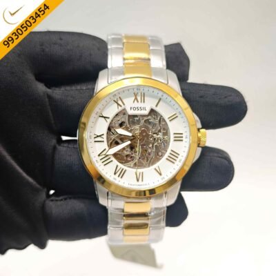 Fossil Skeleton Gold Roman Marker Daul Tone White Dial Swiss Automatic Watch
