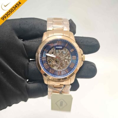 Fossil Skeleton Roman Marker Full Rose Gold Blue Dial Swiss Automatic Watch