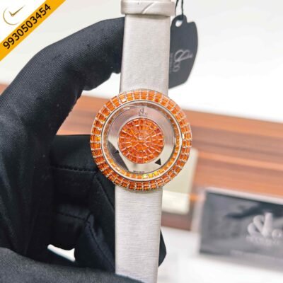 Jacob & Co. Brilliant Mystery Steel Orange Diamonds Dial Leather Strap Swiss ETA Quartz Watch