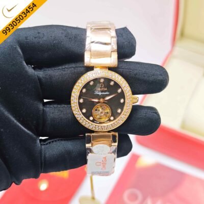 Omega De Ville Ladymatic Tourbillon Steel Golden Black Dial Diamond Marker Swiss Semi ETA Automatic Watch