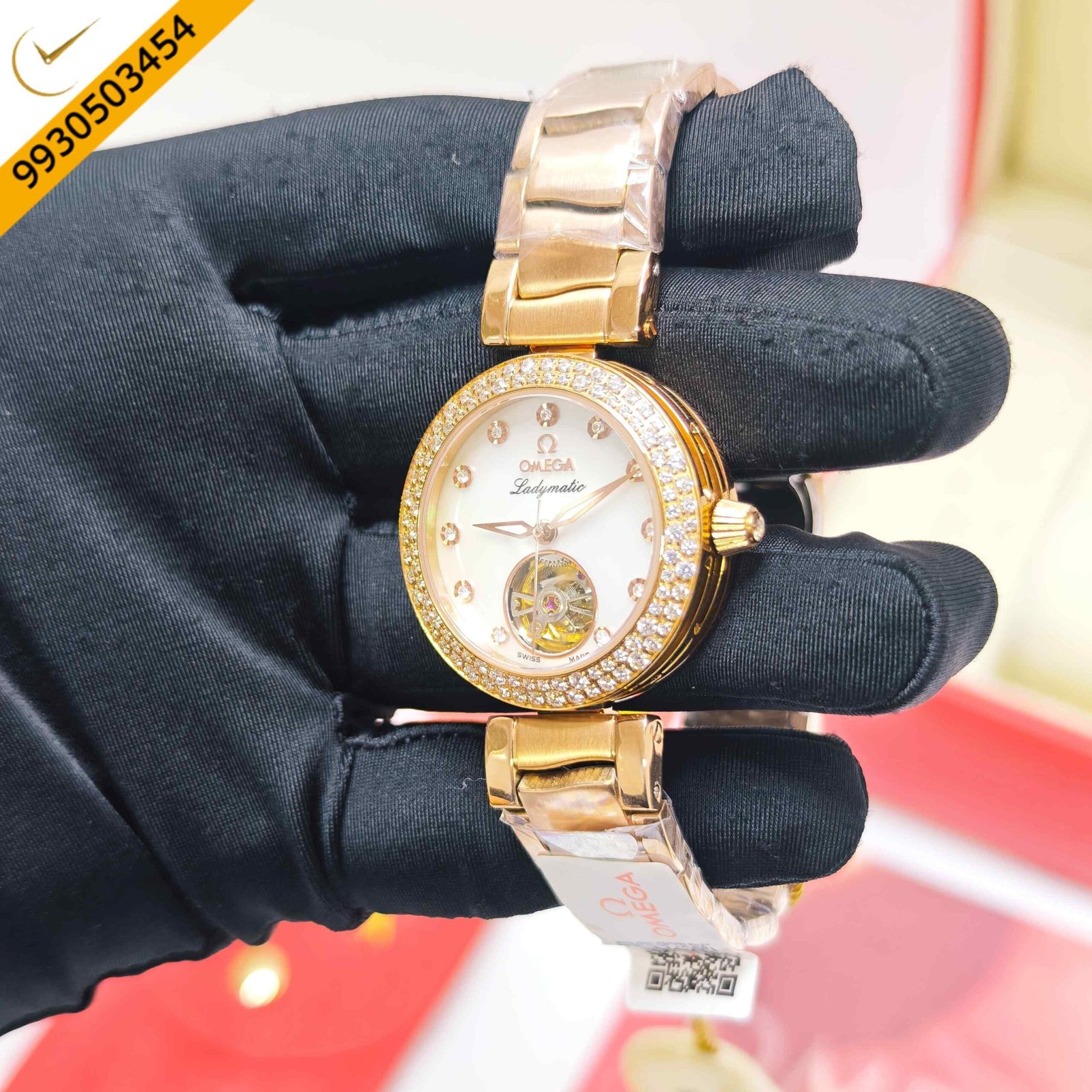 Omega De Ville Ladymatic Tourbillon Steel Golden White Dial Diamond Marker Swiss Semi ETA Automatic Watch - Image 2