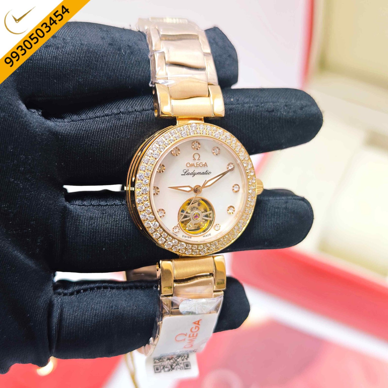 Omega De Ville Ladymatic Tourbillon Steel Golden White Dial Diamond Marker Swiss Semi ETA Automatic Watch - Image 3