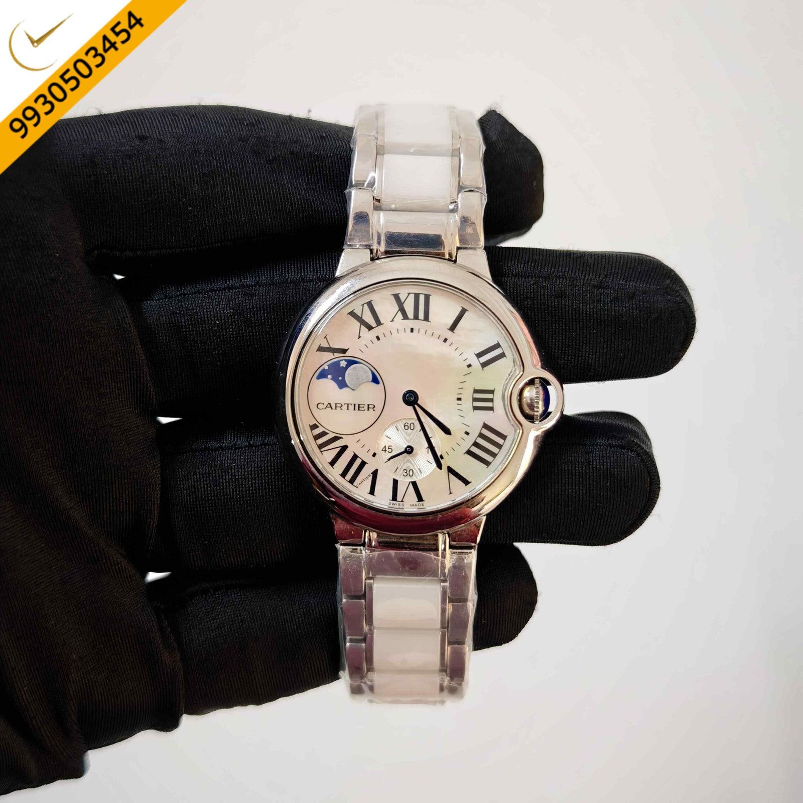 Cartier Ballon Bleu de Cartier luxury watch featuring a mother-of-pearl dial, white ceramic and stainless steel bracelet, Swiss Semi ETA automatic movement, and the iconic rounded Ballon Bleu case design