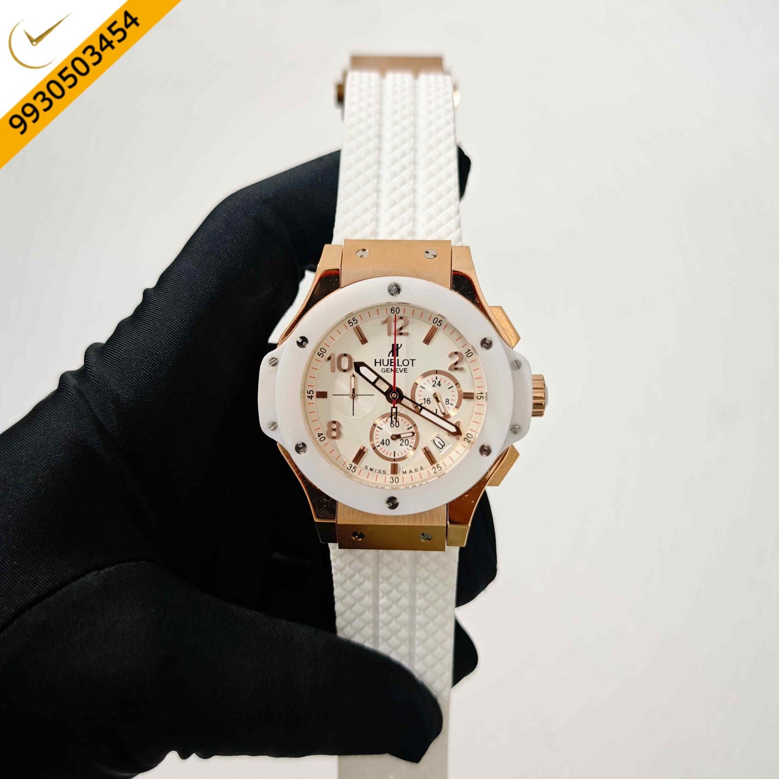 Hublot Big Bang Portocervo Swiss automatic watch featuring a rose gold case, full white dial, white strap, and luxurious Swiss-made automatic movement with a premium sports design.