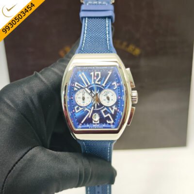 Franck Muller VANGAURD Chronograph Steel Blue Dial Blue Rubber Strap Swiss Watch