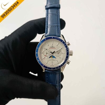 Omega Speedmaster Moonphase Steel White Dial Blue Leather Strap Swiss Automatic Watch