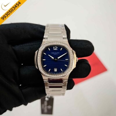 Patek Philippe Nautilus Steel Blue Dial Daimond Case Swiss Semi ETA Quartz Watch