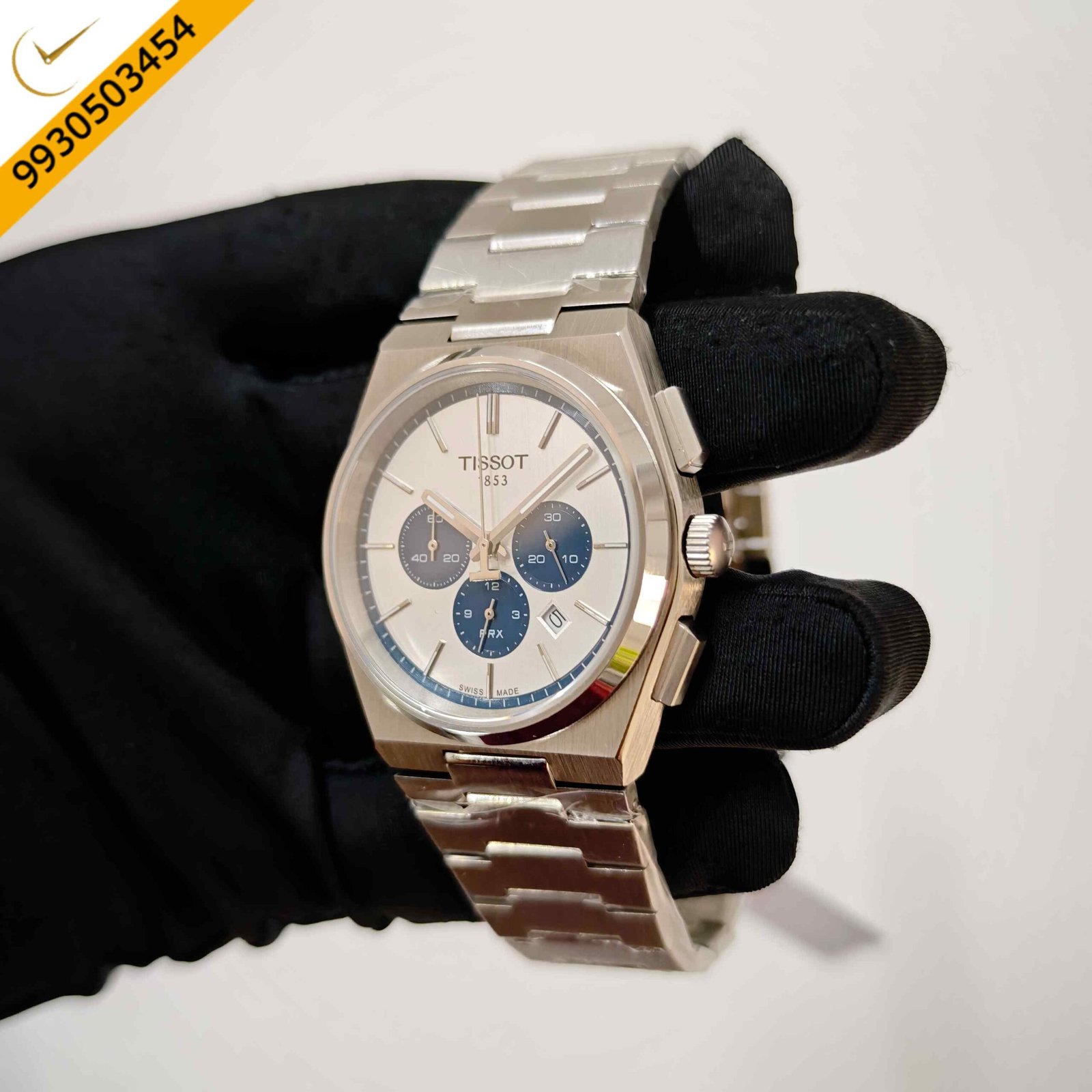 Tissot PRX Chronograph Steel White Dial Blue Chrono Steel Strap Swiss Watch - Image 2