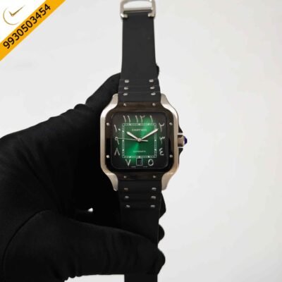 Cartier Santos de Steel Arabic numerals Green Dial Rubber Strap Swiss Automatic Watch
