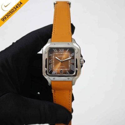 Cartier Santos de Steel Sunray Brown Dial Leather Strap Swiss Automatic Watch