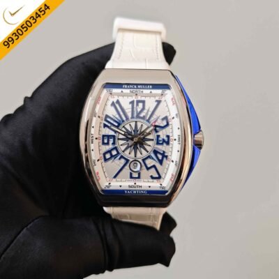 Franck Muller Vanguard Yachting Steel White Dial Leather Strap Swiss Automatic Watch