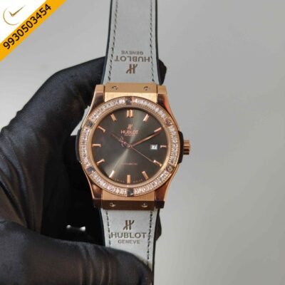 Hublot Classic Fusion Rose Gold Diamond Bazel Black Dial Grey Leather Strap Swiss Automatic Watch