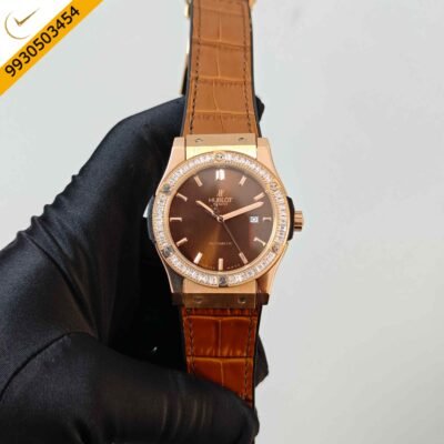 Hublot Classic Fusion Rose Gold Diamond Bazel Brown Dial Brown Leather Strap Swiss Automatic Watch