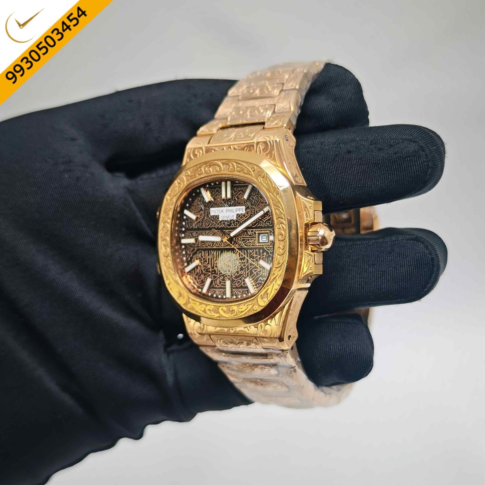 Patek Philippe Nautilus Rose Gold engraved Black Dial Swiss Quartz Watch - Image 2