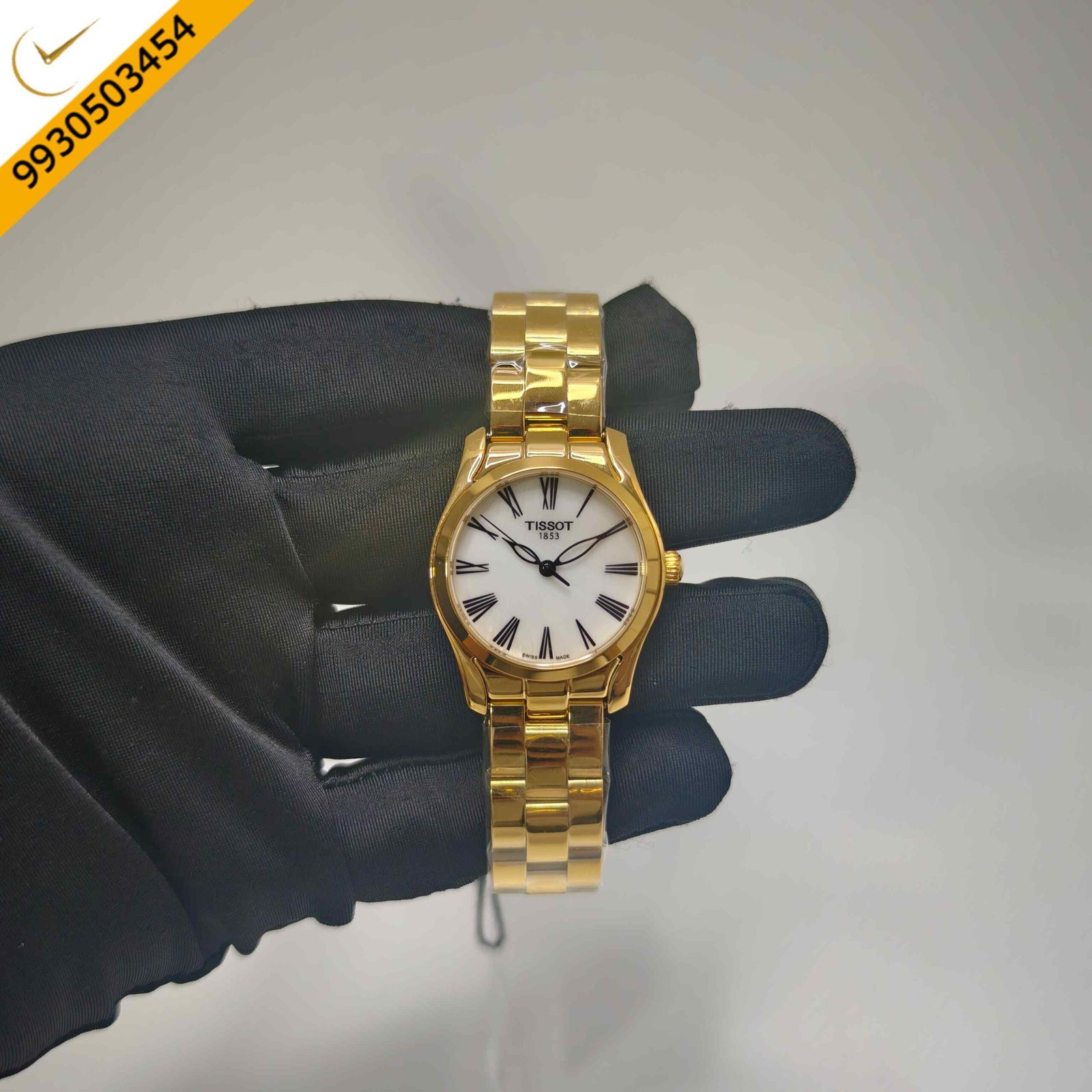 Tissot T Wave Golden White Mother of Pearl Dial Steel Strap Swiss Quartz Watch