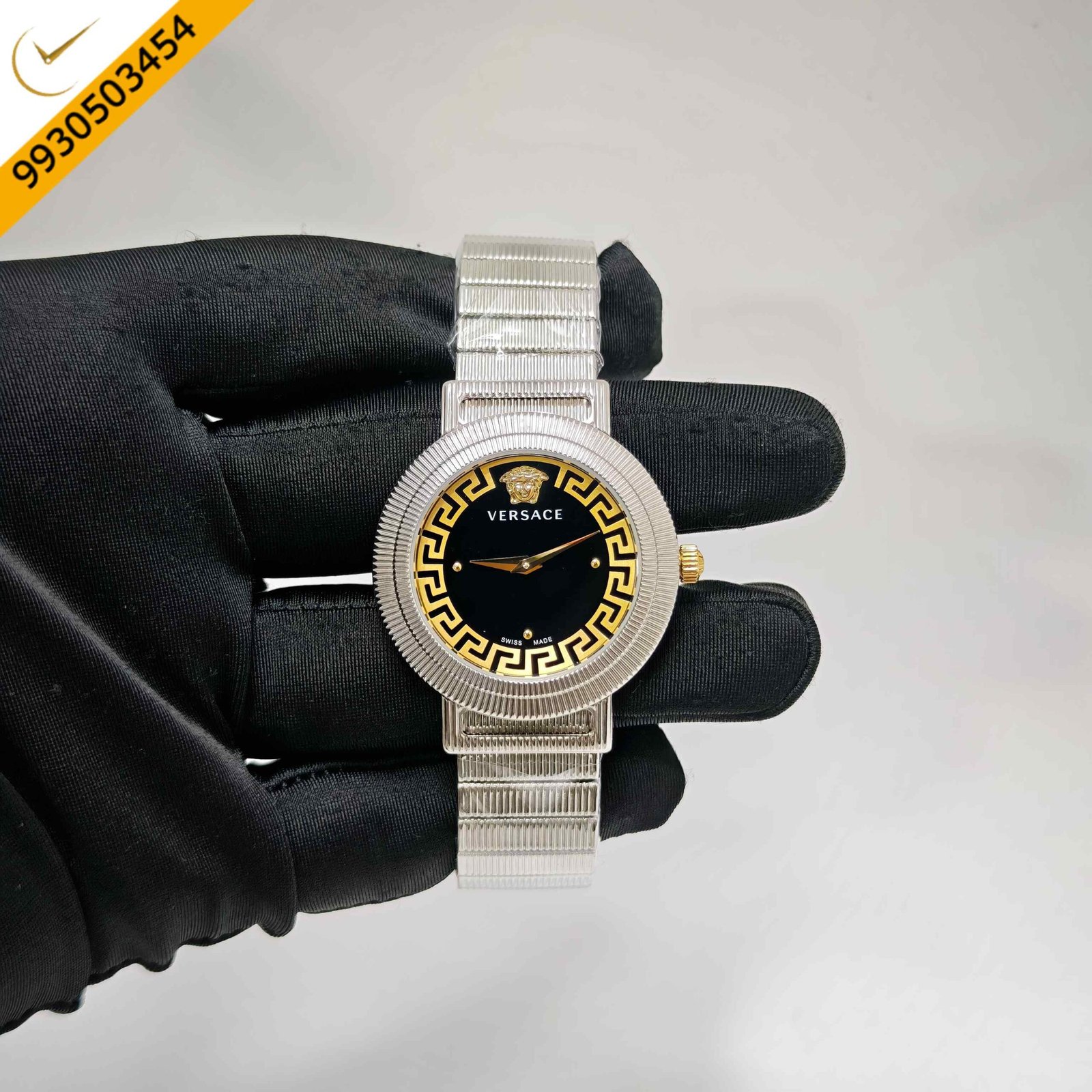 Versace Greca Chic Swiss quartz watch featuring a polished stainless steel case, elegant black dial, signature Greca detailing, sapphire crystal, and precision Swiss quartz movement.