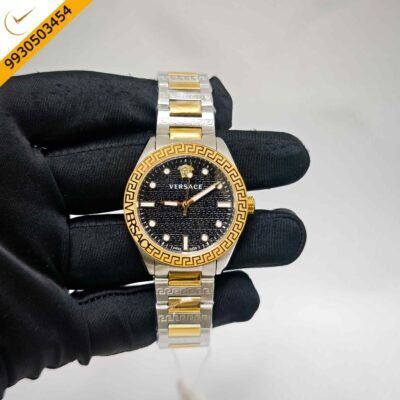 Versace Greca Dome Steel Black Dial Dual Tone Swiss Quartz Watch