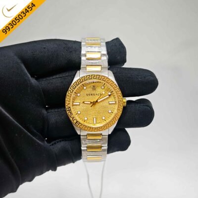 Versace Greca Dome Steel Gold Dial Dual Tone Swiss Quartz Watch
