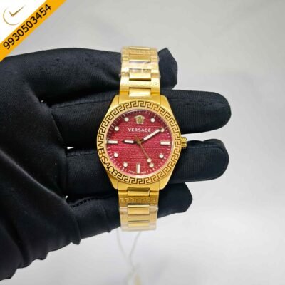 Versace Greca Dome Steel Gold Red Dial Swiss Quartz Watch