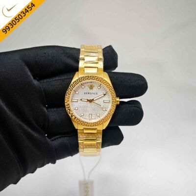 Versace Greca Dome Steel Gold White Dial Swiss Quartz Watch