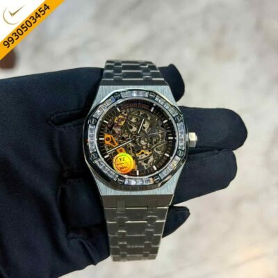 Audemars Piguet Royal Oak Steel Skeleton Black Dail Diamond Bazel