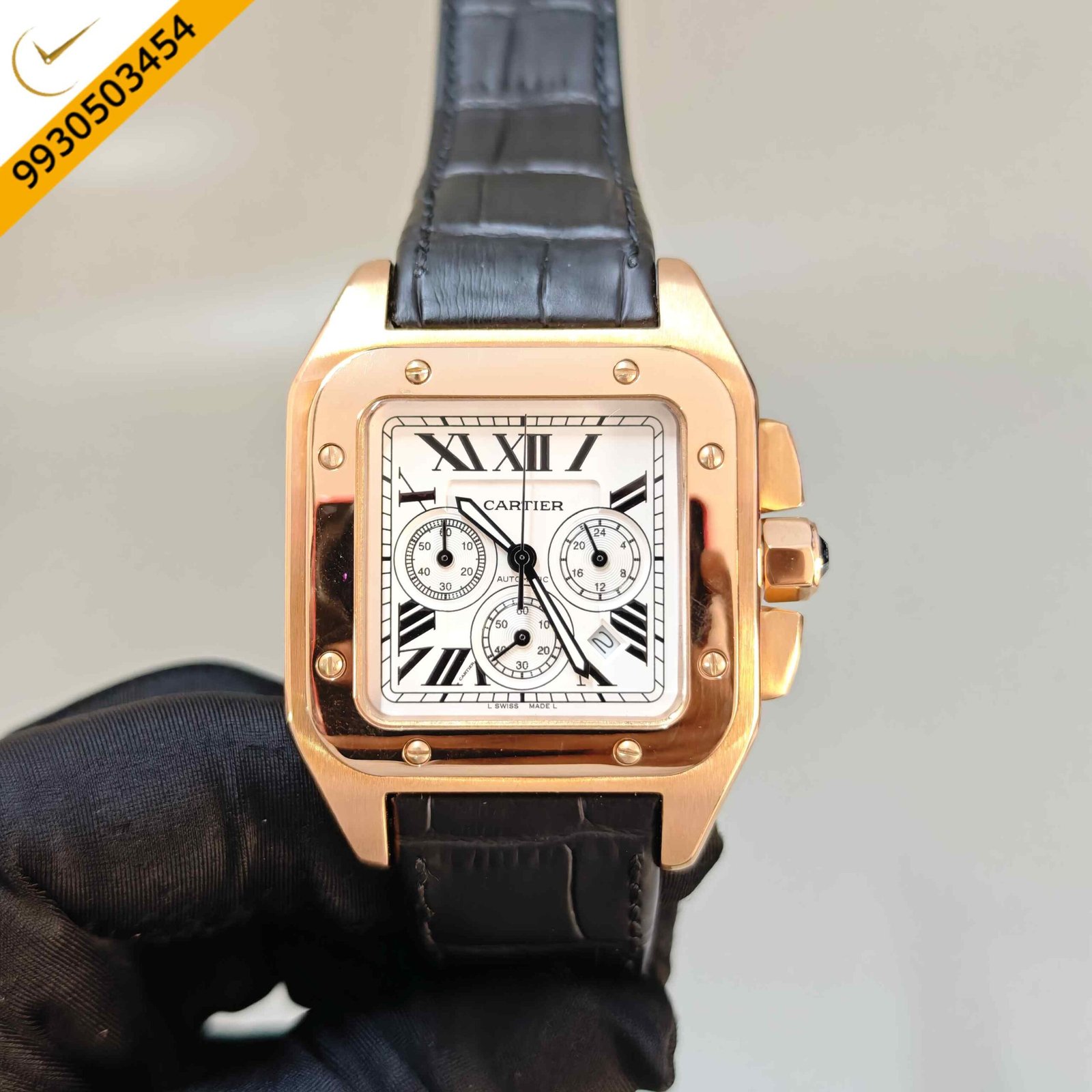 Luxury Rose Gold White Dial Black Leather Strap Watch