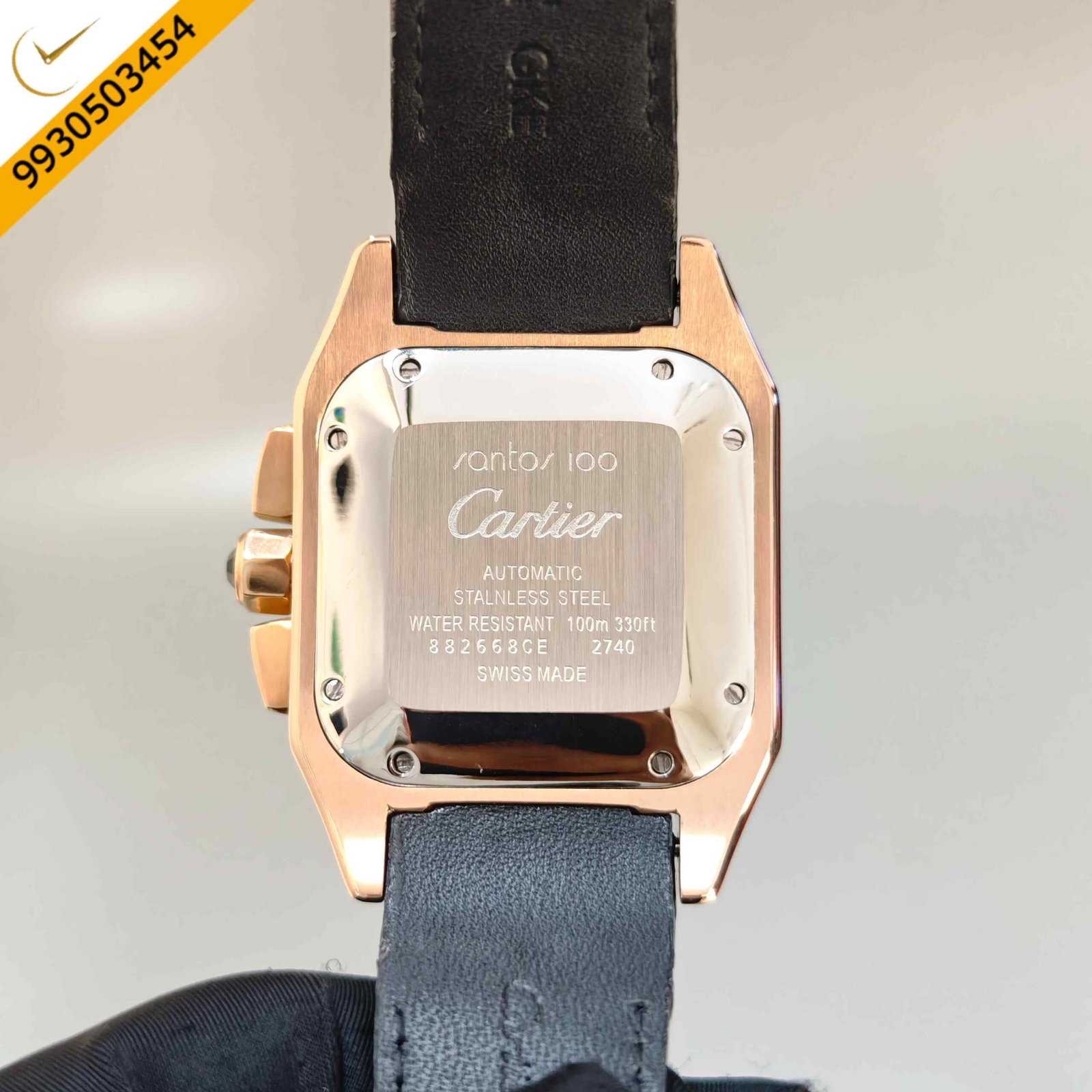 Cartier Santos 100 XL Chronograph Rose Gold White Dial Black Leather Strap Swiss Automatic Watch - Image 2