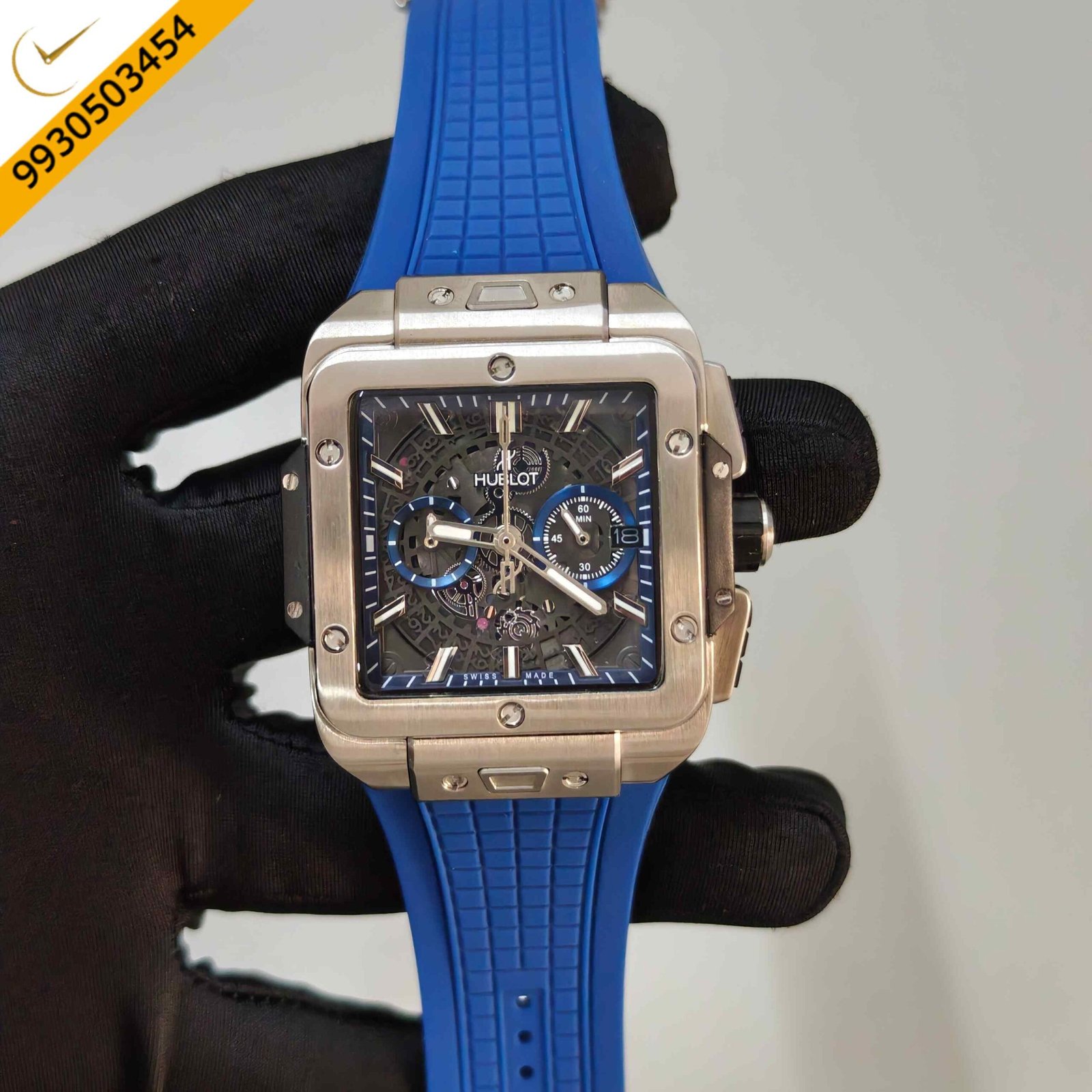 Hublot Square Case Blue Rubber Strap Luxury Watch