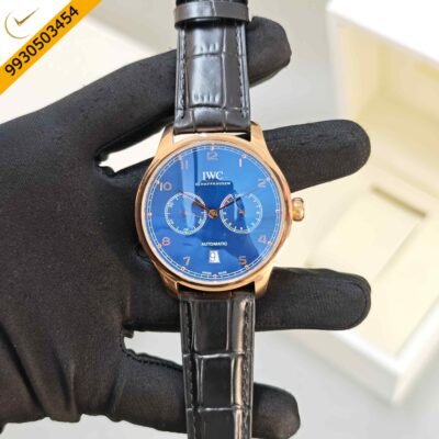 IWC Schaffhausen Portugieser Rose Gold Blue Dial Leather Strap Swiss Automatic Watch