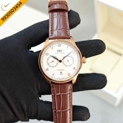 IWC Schaffhausen Portugieser Rose Gold White Dial Leather Strap Swiss Automatic Watch
