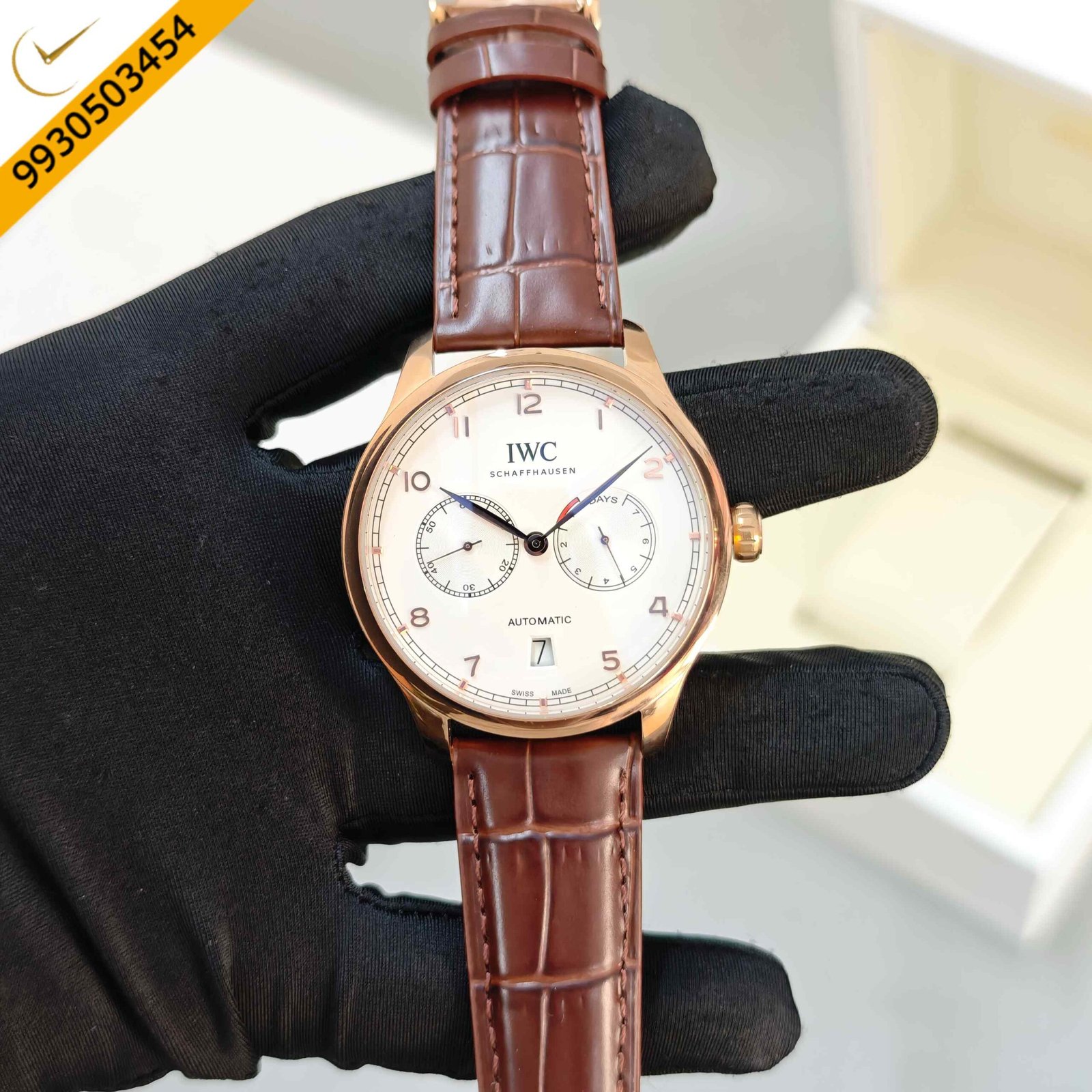 IWC Schaffhausen Portugieser Rose Gold White Dial Leather Strap Swiss Automatic Watch