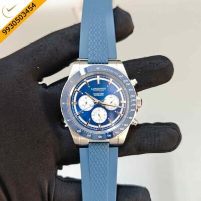 Longines Conquest Chronograph Steel Full Blue Dial Ruber Strap Swiss Automatic Watch