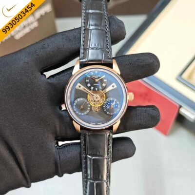 Patek Philippe Geneve Tourbillon Rose Gold Full Black Dial Leather Strap Swiss Automatic Watch