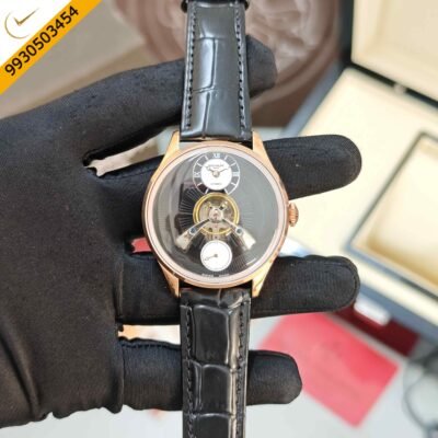 Patek Philippe Geneve Tourbillon Rose Gold Full Black Roman Dial Leather Strap Swiss Automatic Watch