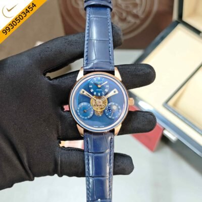 Patek Philippe Geneve Tourbillon Rose Gold Full Blue Dial Leather Strap Swiss Automatic Watch