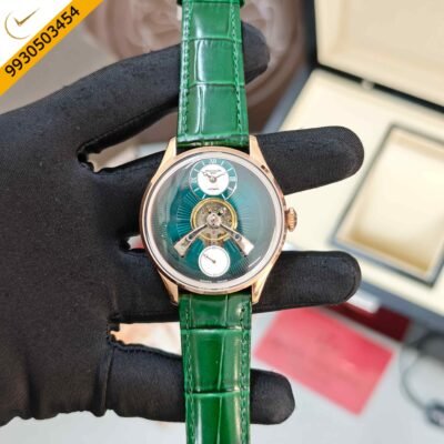 Patek Philippe Geneve Tourbillon Rose Gold Full Green Roman Dial Leather Strap Swiss Automatic Watch