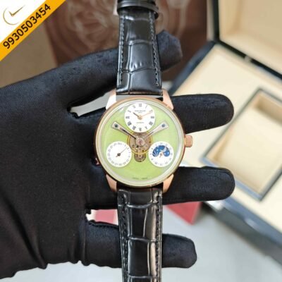 Patek Philippe Geneve Tourbillon Rose Gold Green Dial Leather Strap Swiss Automatic Watch