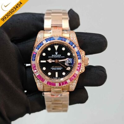 Rolex GMT-Master II Rose Gold Diamond Bazel Black Dial Swiss Automatic Watch