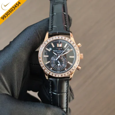 Patek Philippe Annual Calendar Chronograph Rose Gold Diaomand Bazel Leather Strap Swiss Automatic Watch