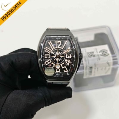 Franck Muller Vanguard Yachting Back Coated Steel Black Dial Leather Strap Swiss ETA Automatic Watch