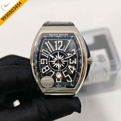 Franck Muller Vanguard Yachting Steel Black Dial Leather Strap Swiss ETA Automatic Watch