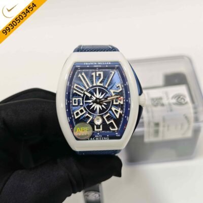 Franck Muller Vanguard Yachting White Ceramic Bazel Full Blue Dial Rubber Strap Swiss ETA Automatic Watch