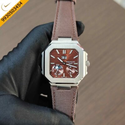 Patek Philippe Cubitus Platinum Brown Dial Steel Brown Leather Strap Swiss Automatic Watch