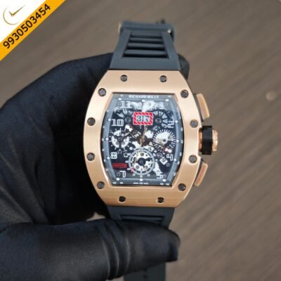 Richard Mille RM011 Rose Gold Black Dial Black Rubber Strap Swiss Automatic Watch