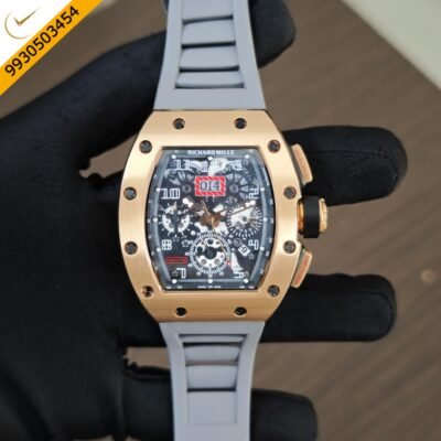 Richard Mille RM011 Rose Gold Black Dial Grey Rubber Strap Swiss Automatic Watch